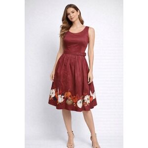 ModCloth‎ Burgundy Pumpkin Print Fit Flare Belted Midi Dress Womans size SMALL